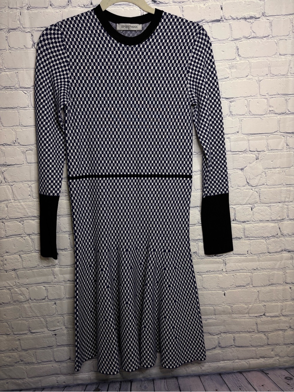 Sportmax Max Mara Blue White Geo Knit Long Sleeve Drop Waist Flared Midi Dress M
